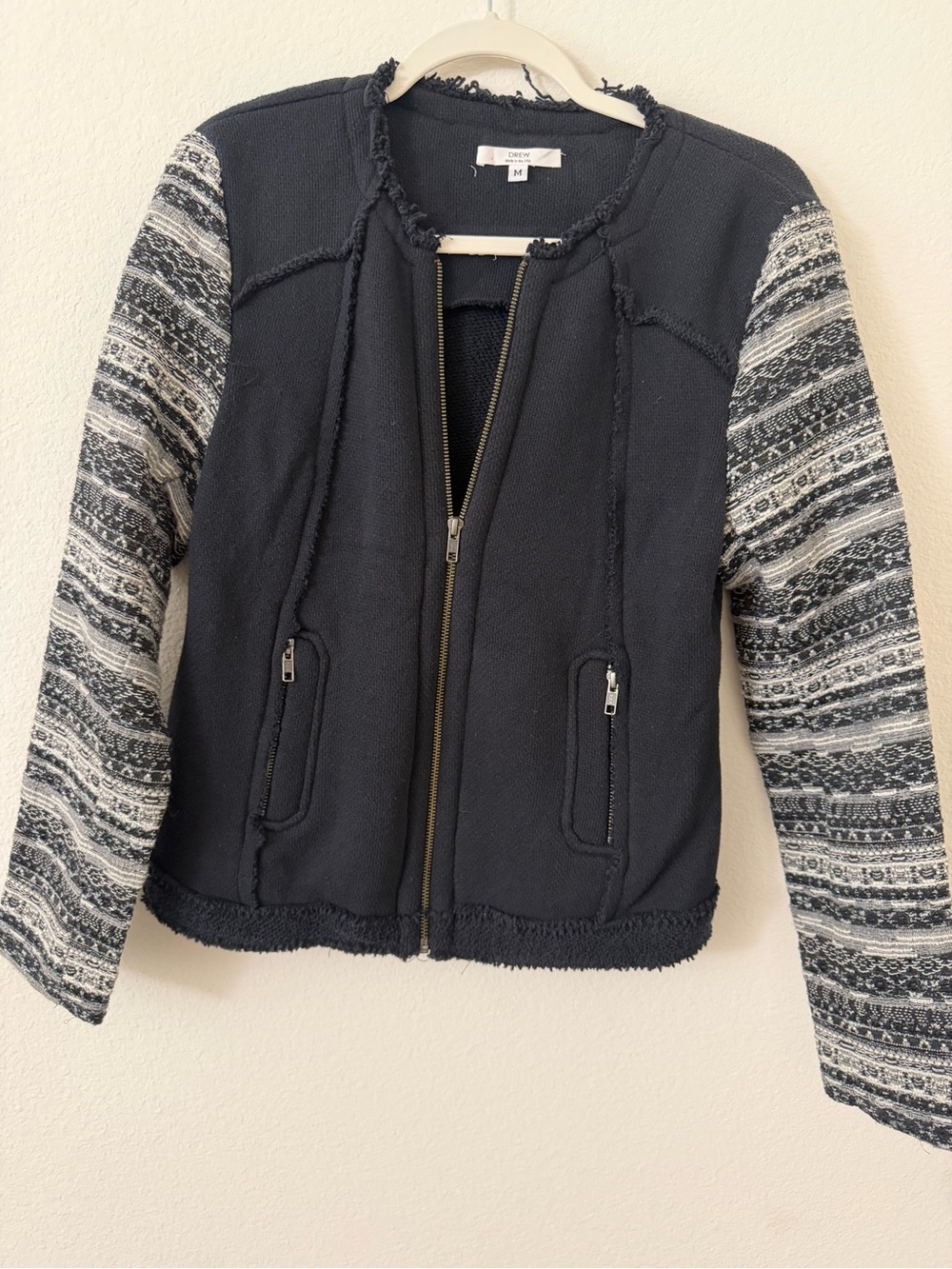 DREW by Antropologie Black Knit Zip Jacket with Patterned Sleeves